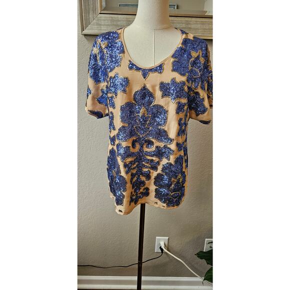 Neiman Marcus Tracy Reese Short Sleeve Sequin Blouse Women Size S Multicolor - Picture 2 of 7
